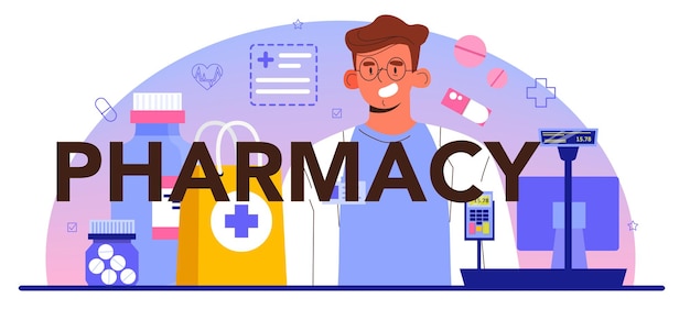 Encabezado tipográfico de farmacia. Farmacéutico que vende medicamentos en botella y caja para el tratamiento de enfermedades. Concepto de tratamiento médico y sanitario. Ilustración de vector aislado