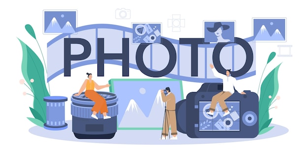 Encabezado tipográfico fotográfico Fotógrafo profesional con cámara tomando fotografías en un estudio Ocupación artística y periodismo fotográfico Ilustración vectorial plana aislada