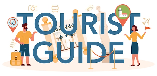 Encabezado tipográfico de la guía turística de vacaciones. Turistas escuchando la historia de la ciudad y sus atractivos.