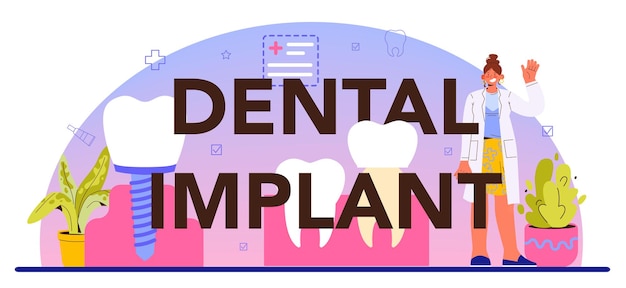 Encabezado tipográfico de implantes dentales dentis en uniforme que trata los dientes humanos