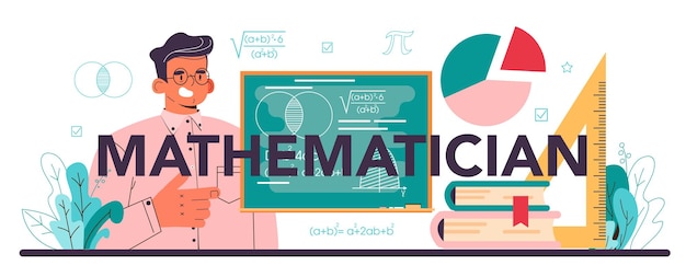 Encabezado tipográfico matemático. Los matemáticos usan fórmulas y diagramas para investigar y formular nuevos cálculos. Análisis matemático y cálculo de conjeturas. Ilustración vectorial plana