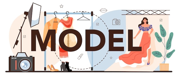 Encabezado tipográfico modelo El hombre y la mujer representan ropa nueva en un desfile de moda y una sesión de fotos Trabajador de la industria de la moda en una pista Ilustración vectorial aislada