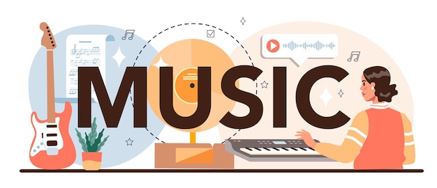 Encabezado tipográfico musical artista musical tocando instrumentos joven intérprete haciendo música con equipo profesional actuación de banda talentosa vector ilustración plana