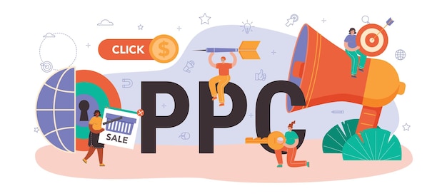 Encabezado tipográfico ppc. administrador de pago por clic, contextual