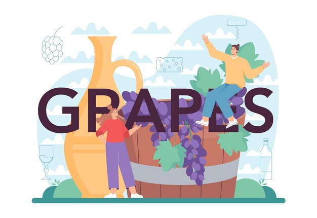 Encabezado tipográfico de uvas. Vino en una botella y vaso lleno de bebida alcohólica. Vino tinto con aperitivo. Ilustración de vector aislado