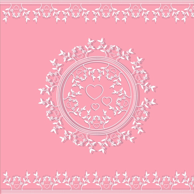 Encaje blanco con corazón y hojas en un vector de fondo rosa