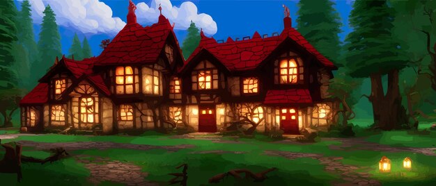 Vector encantada linda casa de hadas en el bosque viejo ilustración vectorial sueño mágico bosque de fantasía con grandes