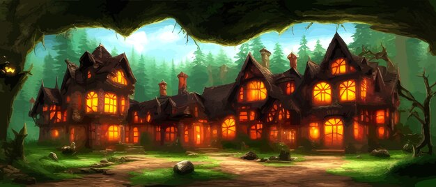 Vector encantada linda casa de hadas en el bosque viejo ilustración vectorial sueño mágico bosque de fantasía con grandes