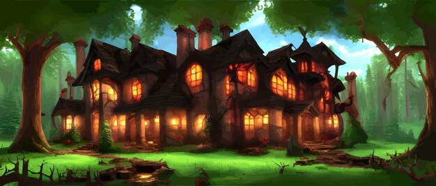 Encantada linda casa de hadas en el bosque viejo ilustración vectorial sueño mágico bosque de fantasía con grandes