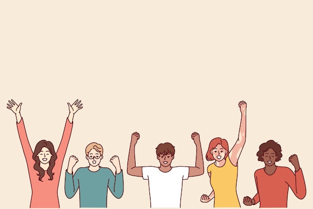 Encantado de diversas personas haciendo gestos de victoria con las manos disfrutando del éxito conjunto