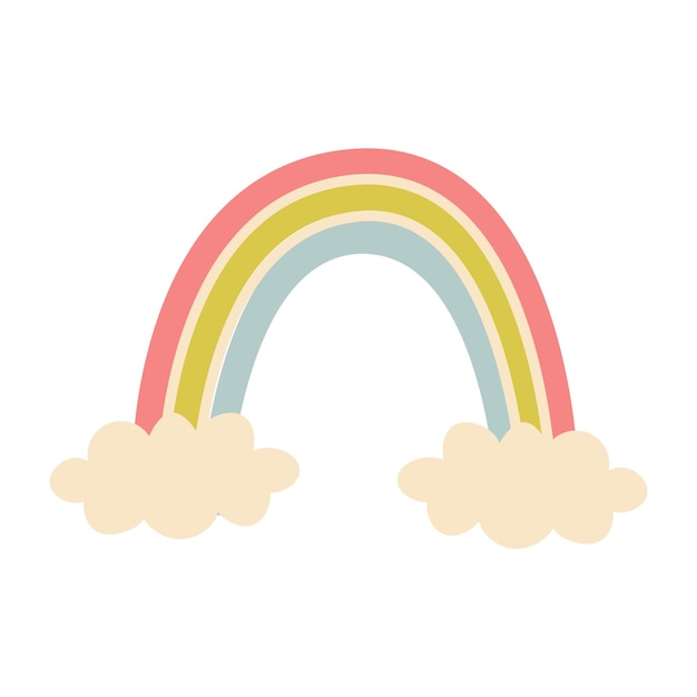 Un encantador arco iris pastel envuelto en suaves nubes esponjosas contra un cielo azul