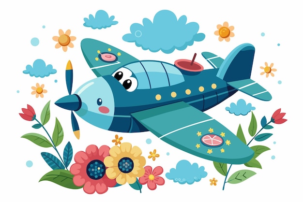 Un encantador avión de dibujos animados volando por el cielo adornado con flores vibrantes