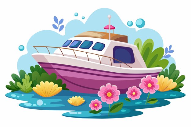 El encantador barco a motor de dibujos animados adornado con flores navega con gracia sobre el fondo blanco
