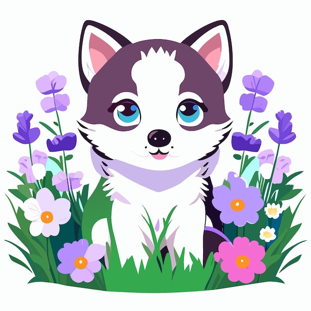 Encantador cachorro Husky entre flores silvestres Camiseta gráfica