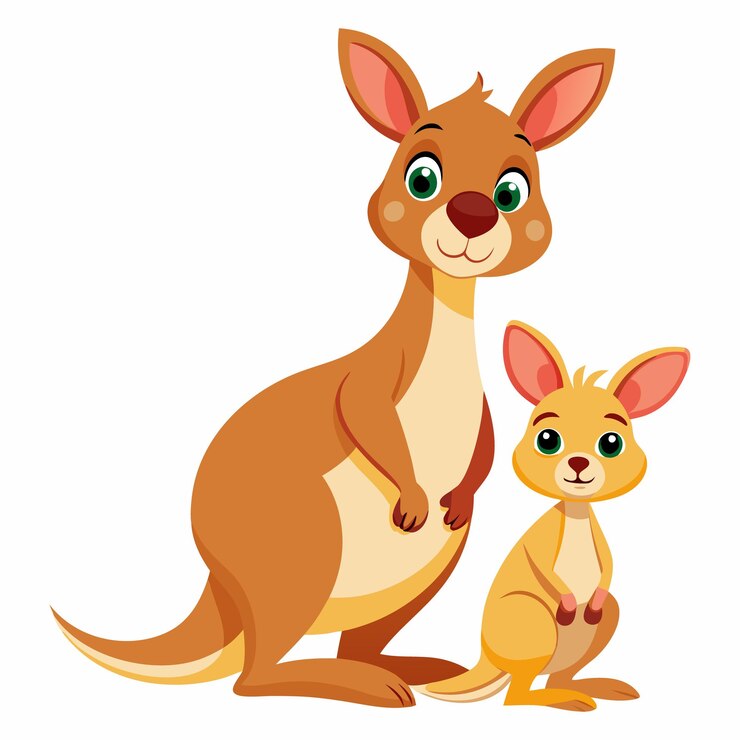 Vector un encantador canguro de dibujos animados y su bebé de pie uno al lado del otro mostrando un juguetón