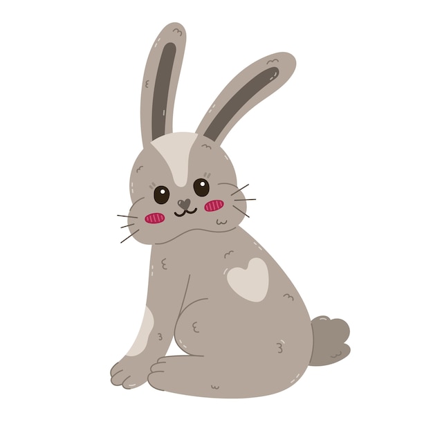 El encantador conejo de Pascua de dibujos animados con la mancha de pelaje del corazón en la espalda se dio la vuelta con la cara alegre