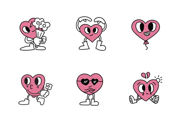 Un encantador conjunto de personajes de corazón de estilo retro perfecto para los temas del Día de San Valentín