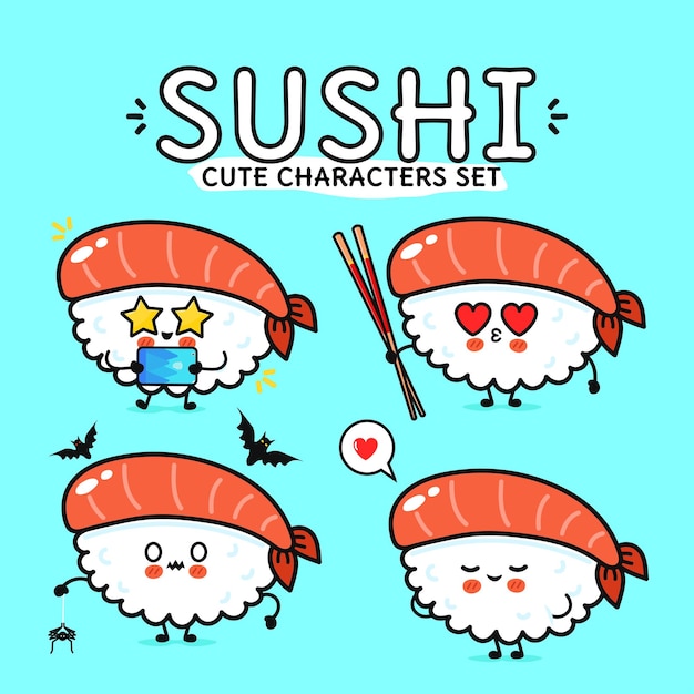 Un encantador conjunto de personajes de sushi ilustrados con varias expresiones y accesorios en un azul