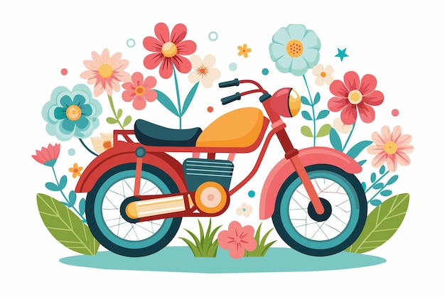 Un encantador dibujo animado de motocicletas adornado con flores de colores