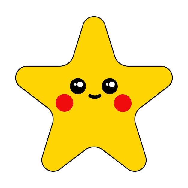 Encantador emoji de estrella amarilla con una sonrisa adorable y mejillas rojas sobre un fondo blanco