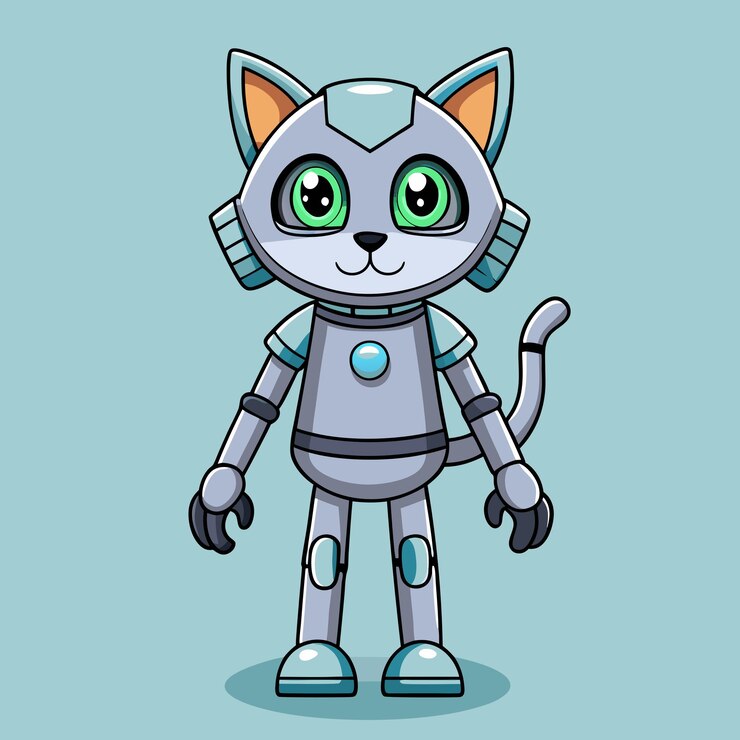 Vector el encantador gato robot de pie con una expresión amistosa ilustración vectorial de dibujos animados