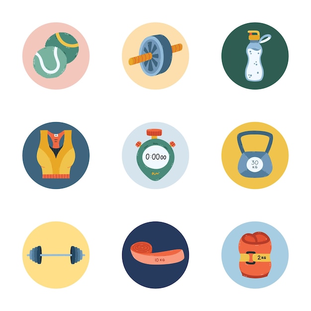 encantador icono de portada redonda de dibujos animados con fitness y gimnasio clipart con banda de resistencia de sostén deportivo de barra