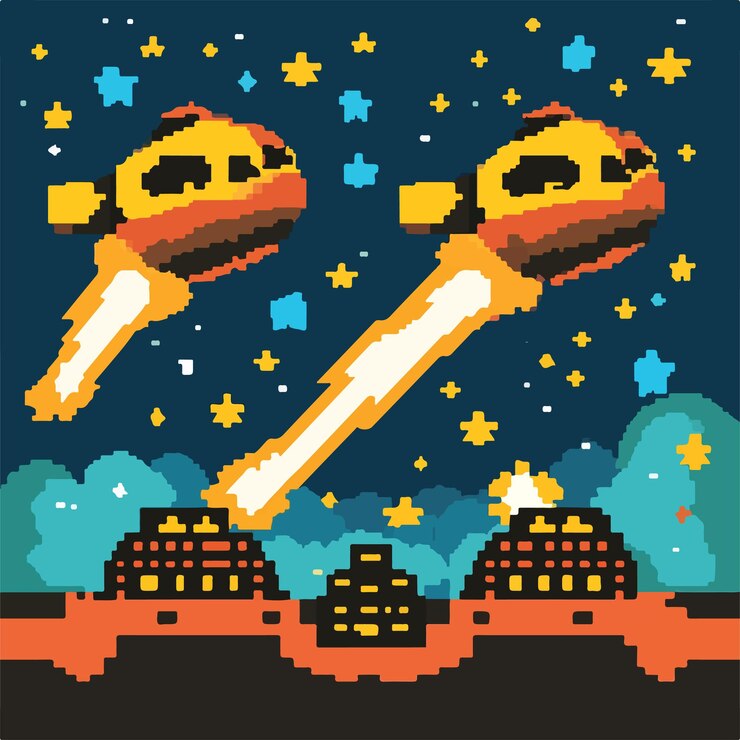 Vector el encantador invasor espacial de 8 bits luchando con la ilustración vectorial del terreno pixelado