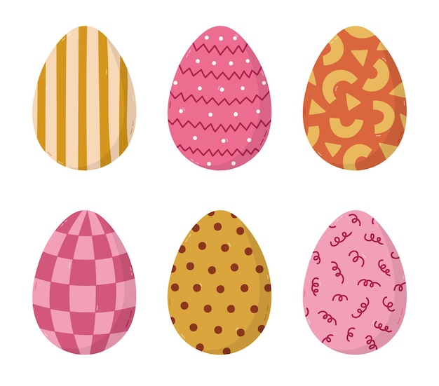 encantador juego de dibujos animados de huevo de Pascua con diferentes adornos de rayas de forma geométrica chequear girar polka punto de moda símbolo dibujado a mano de la caza de huevos de Pascua lindo garabateo pintado de aislado en el fondo