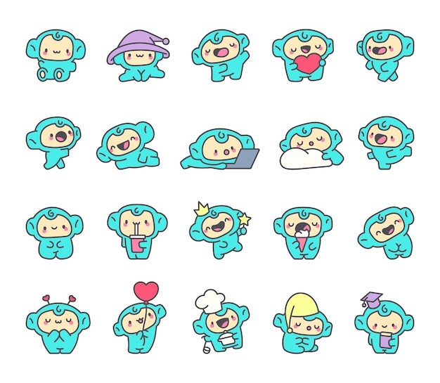 Encantador juego de personajes de mono azul