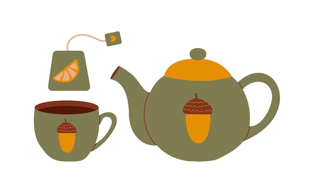 Encantador juego de té verde con taza de té bolsa de té con bellota y corazón diseño de otoño decoración interior