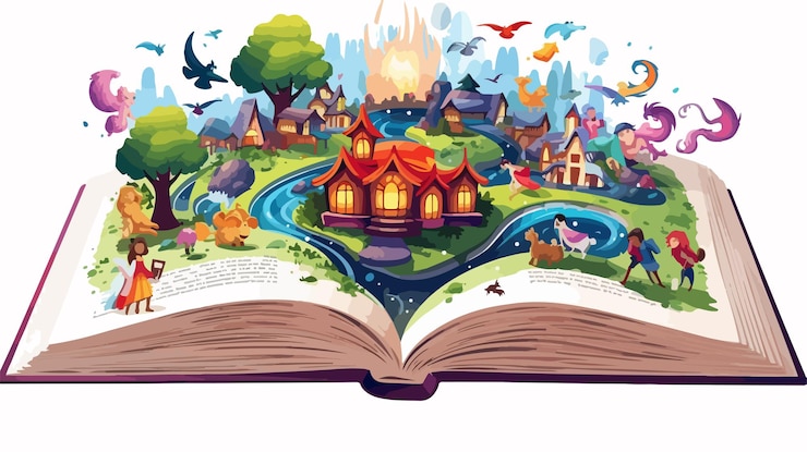 Vector encantador libro de cuentos de hadas abierto con cuentos de fadas de dibujos animados