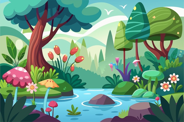 Vector un encantador paisaje forestal con flores en flor contra un fondo blanco