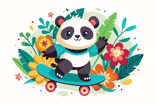 El encantador panda de dibujos animados patinando en una carretera decorada con flores