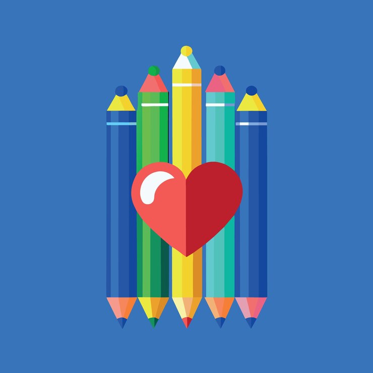 Vector encantador pasatiempo para adultos terapia contra el estrés lápices de color en fondo de papel azul vivo con corazón rojo
