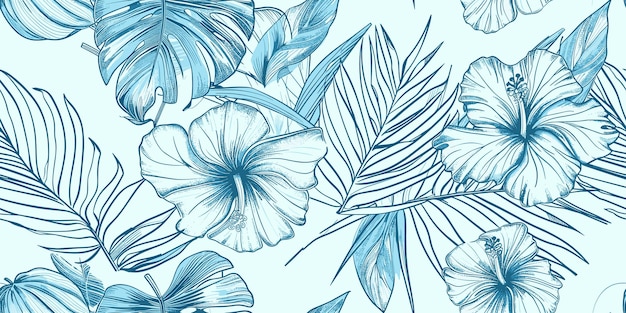 Encantador patrón sin costuras inspirado en el estilo de la icónica isla de Hawai hojas de palma y flores de hibisco en tonos azules pastel moda de primavera verano estampado patrón de vestido hermoso motivo floral