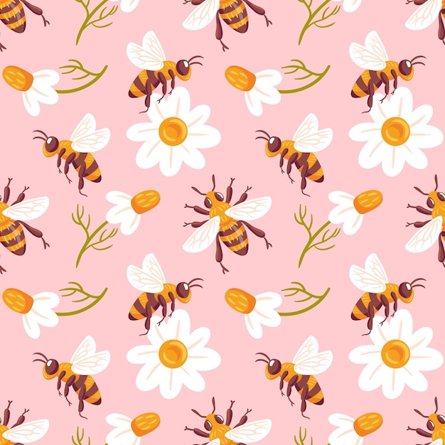 Un encantador patrón vectorial sin costuras con abejas y margaritas celebrando la belleza de la naturaleza.