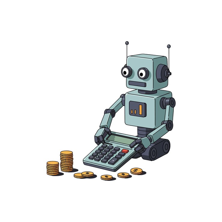 Vector un encantador robot usando una calculadora rodeado de pilas de monedas de oro en una ilustración vectorial plana