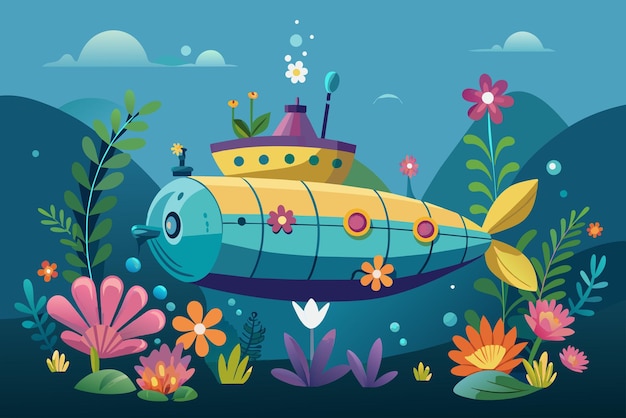 Vector encantador submarino adornado con flores vibrantes contra un telón de fondo neutral