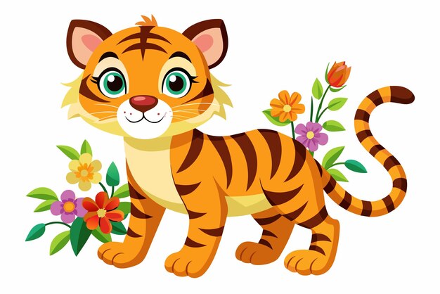 Encantador tigre de dibujos animados adornado con flores creando una imagen caprichosa y adorable