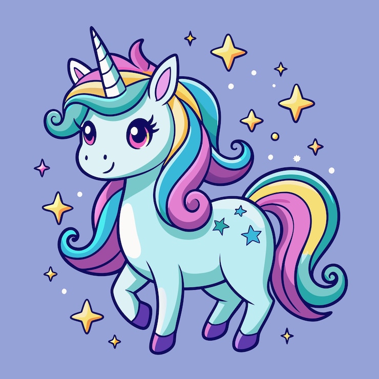 Vector encantador unicornio de dibujos animados rodeado de estrellas brillantes y magia
