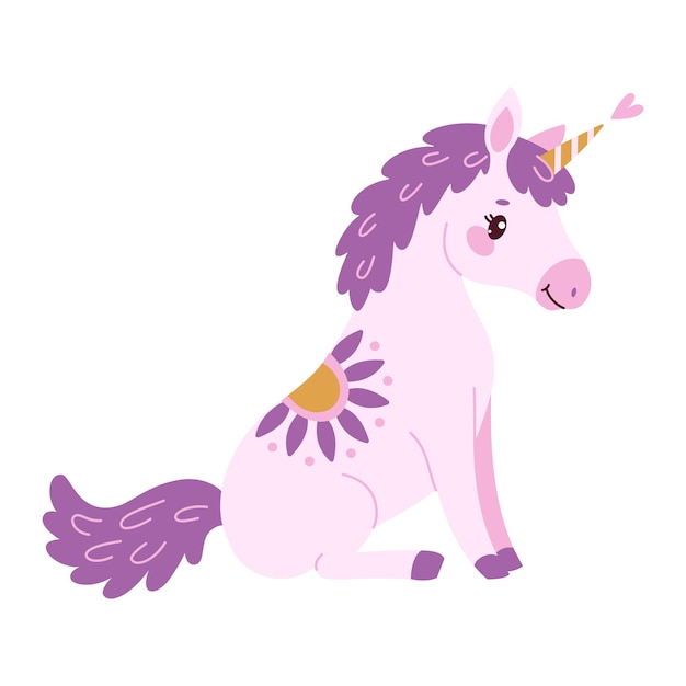 El encantador unicornio mágico de lavanda dibujado a mano en estilo plano.