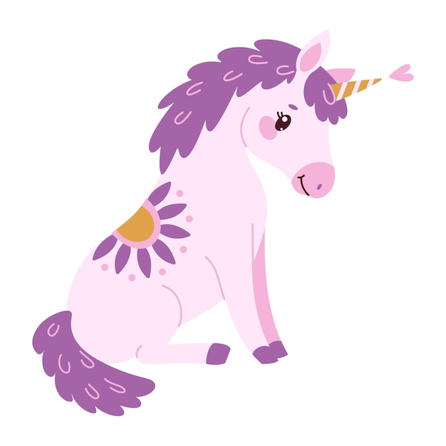 El encantador unicornio mágico de lavanda dibujado a mano en estilo plano.