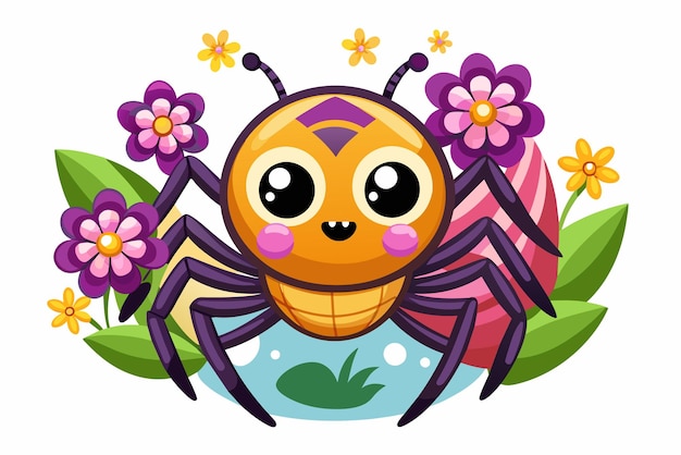 Una encantadora araña, un animal de dibujos animados adornado con flores de colores