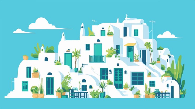 Vector la encantadora arquitectura tradicional de la aldea de akrotiri en santorini