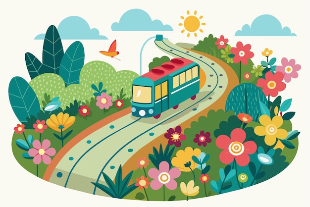 Encantadora carretera de tranvía con flores en un estilo de dibujos animados sobre un fondo blanco