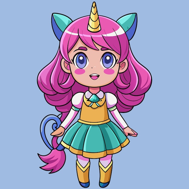 La encantadora chica con un cuerno de unicornio mágico Arte vectorial de dibujos animados