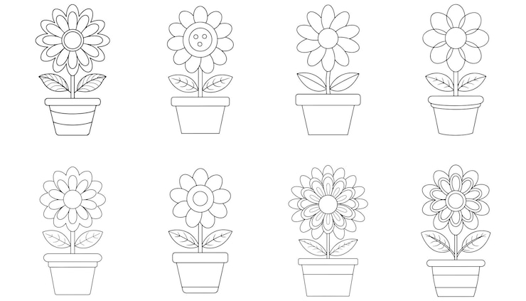 Vector una encantadora colección de flores en maceta listas para colorear un simple dibujo de líneas con una delicada mascota de flores