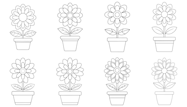 Una encantadora colección de flores en maceta listas para colorear un simple dibujo de líneas con una delicada mascota de flores
