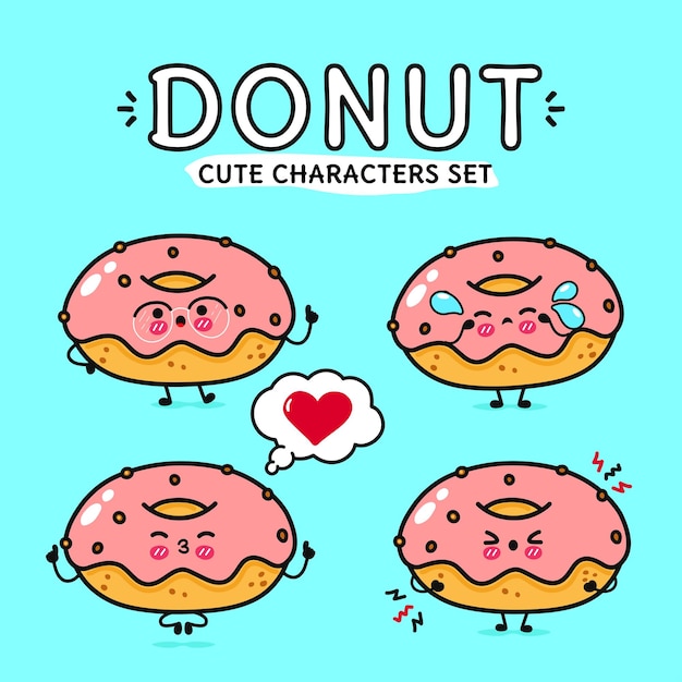 Una encantadora colección de simpáticos personajes de rosquillas con variadas expresiones faciales perfectas para alegres