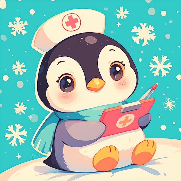 Una encantadora enfermera pingüino al estilo de los dibujos animados